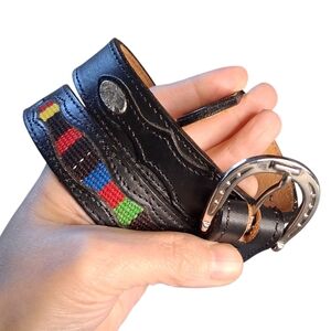 Nocona Black Western Leather Belt with Embroidered Inlay, Size 28